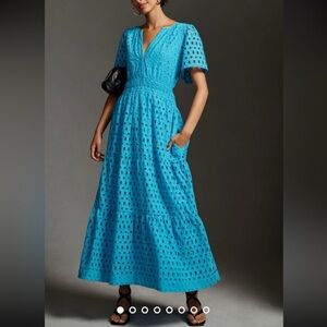 Anthropologie The Somerset Maxi Dress Eyelet Edition Tiered Smocked Waist Blue M